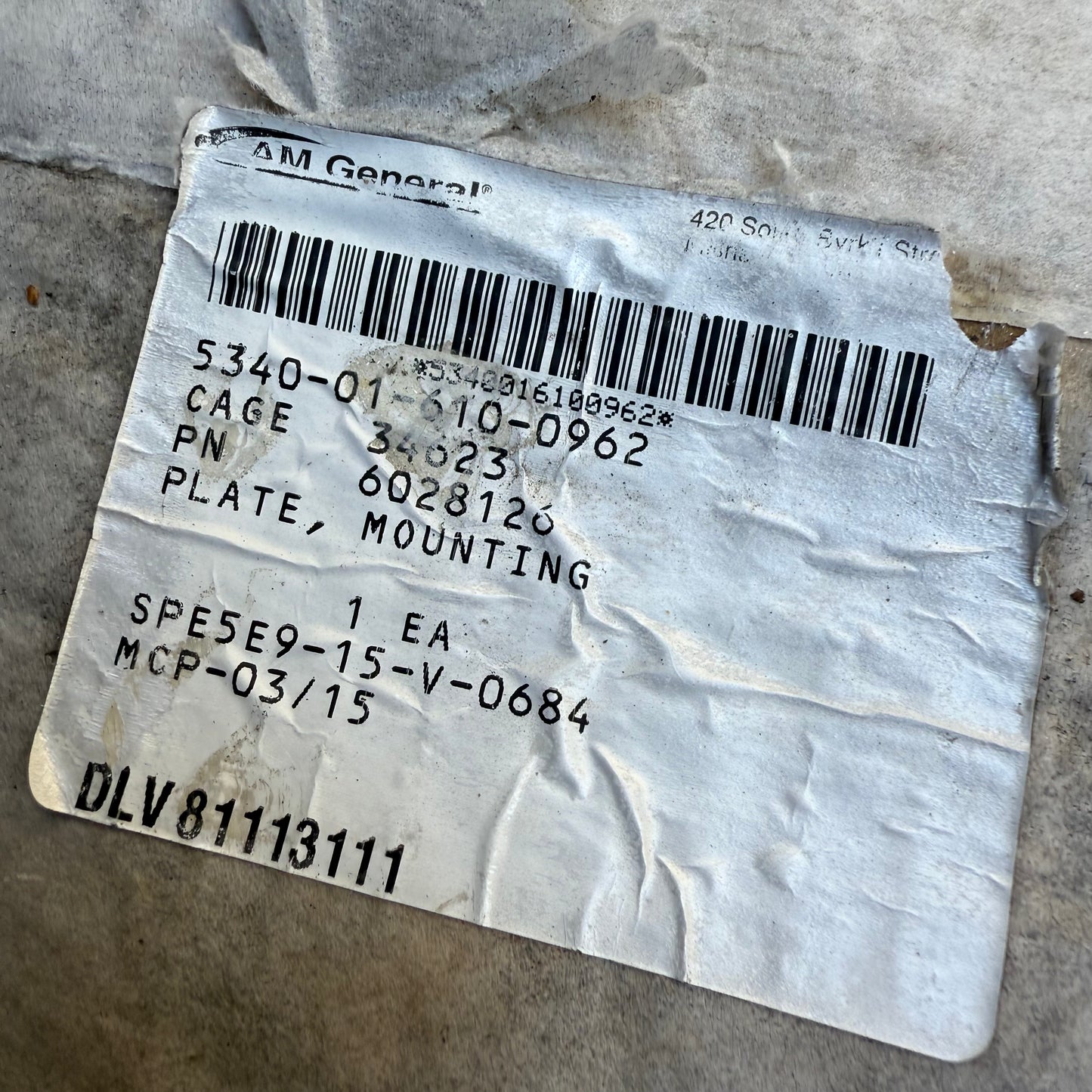 Plate, Rear-Bumper Reinforcement, Outer(AFT) 5340-01-610-0962 12506848 6028126