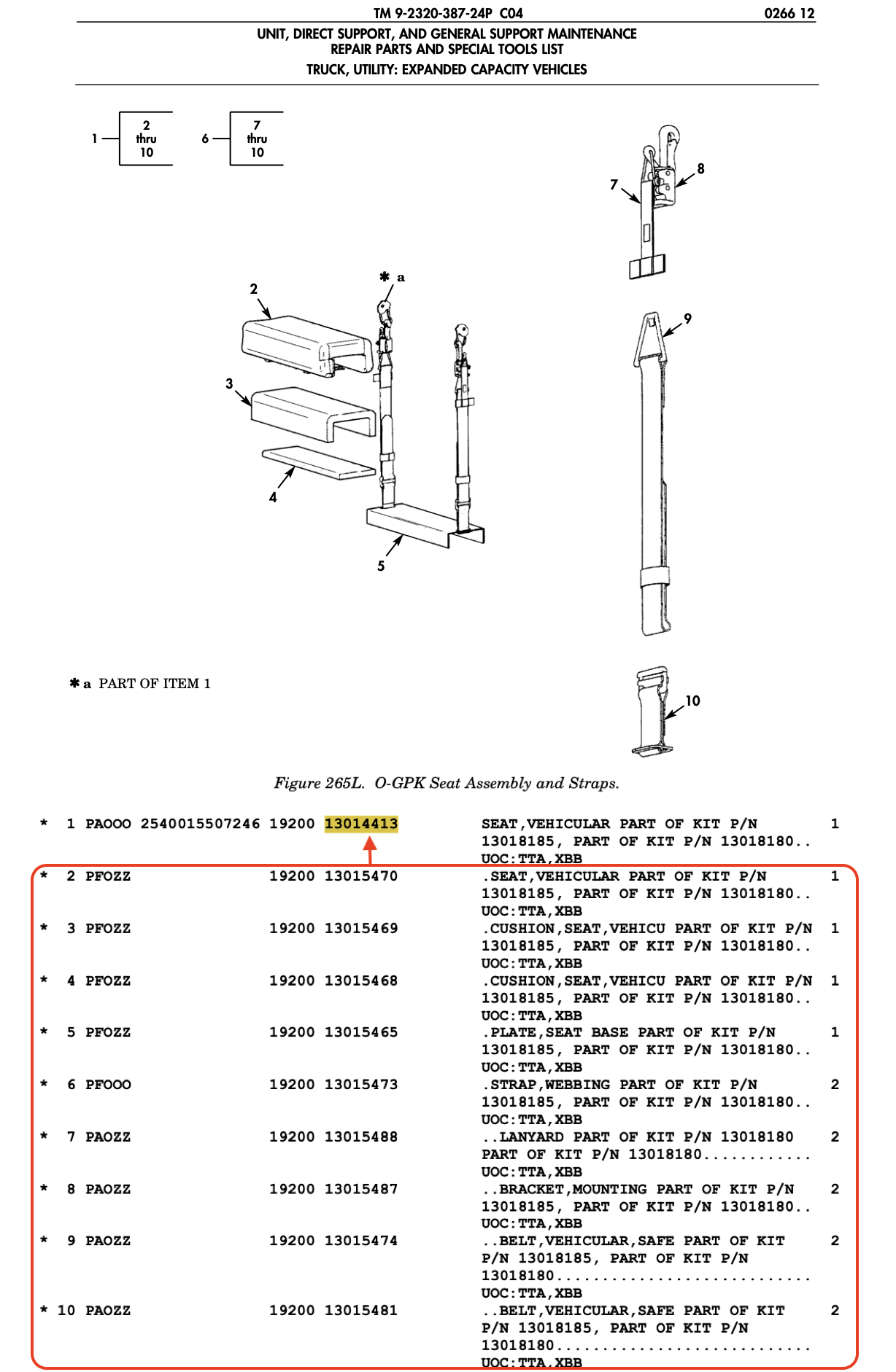 Turret Gunner's Seat/Sling Asm.; Mil. Humvee ; 2540-01-550-7246 13014413