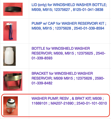 WASHER PUMP, RESV. & BRKT KIT; M939 5TON ; 11669101 MA207-21690 2540-01-101-0010