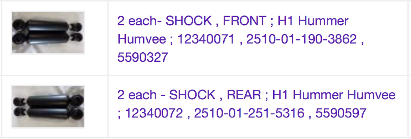 Full Set (4 each) 10K Shocks (2-FRONT+2-REAR) Mil. Hummer ; 12340071 & 72