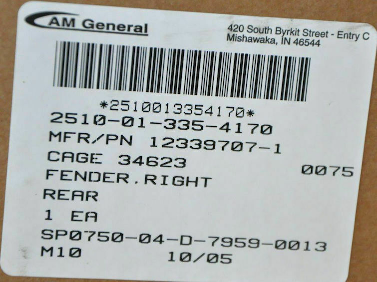Fender , Right Rear w/o Aux. Fuel ; Mil. Hummer ; 12339707-1 2510-01-335-4170