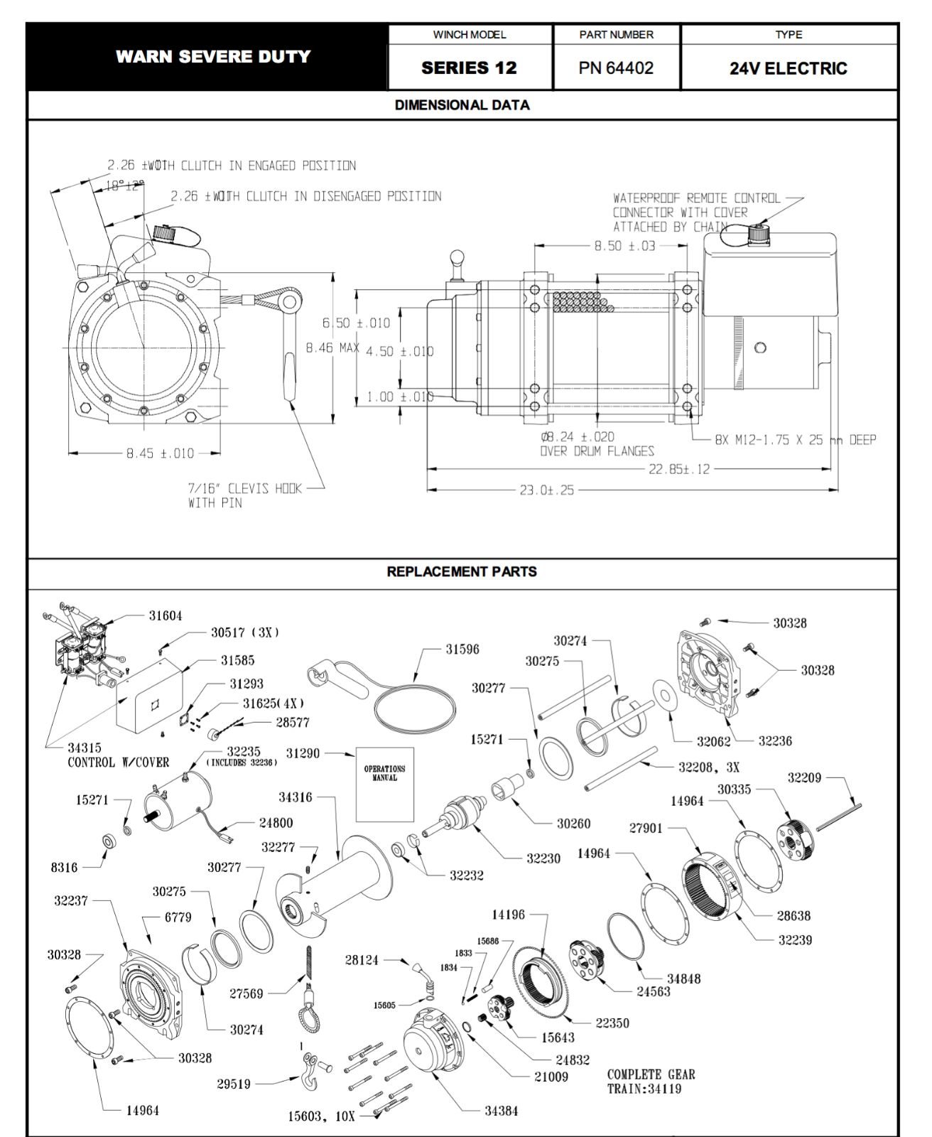 WARN WINCH KIT-24v (12,000 lb.) Humvee M1114 ; WAR-64402 6011785 6014450