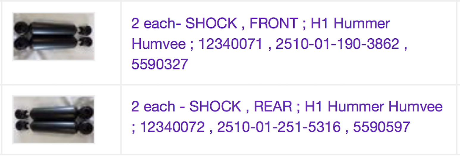 4 each- Full Set of 10K Shocks (2-FRONT+2-REAR) H1 Mil. Hummer ; 12340071 & 72